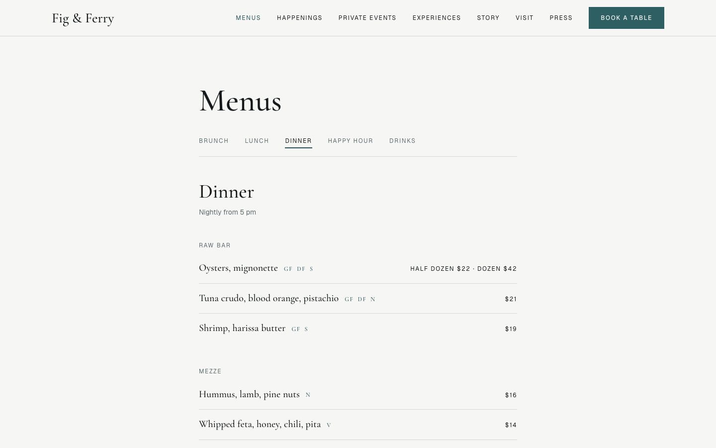 Fig & Ferry, the menus page, on Desktop