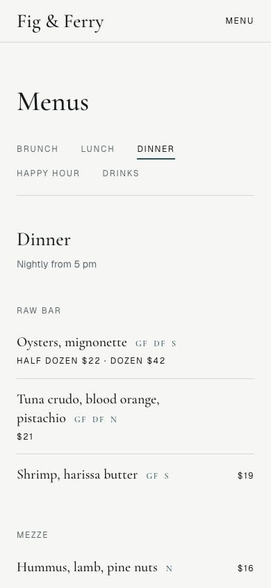 Fig & Ferry, the menus page, on Phone