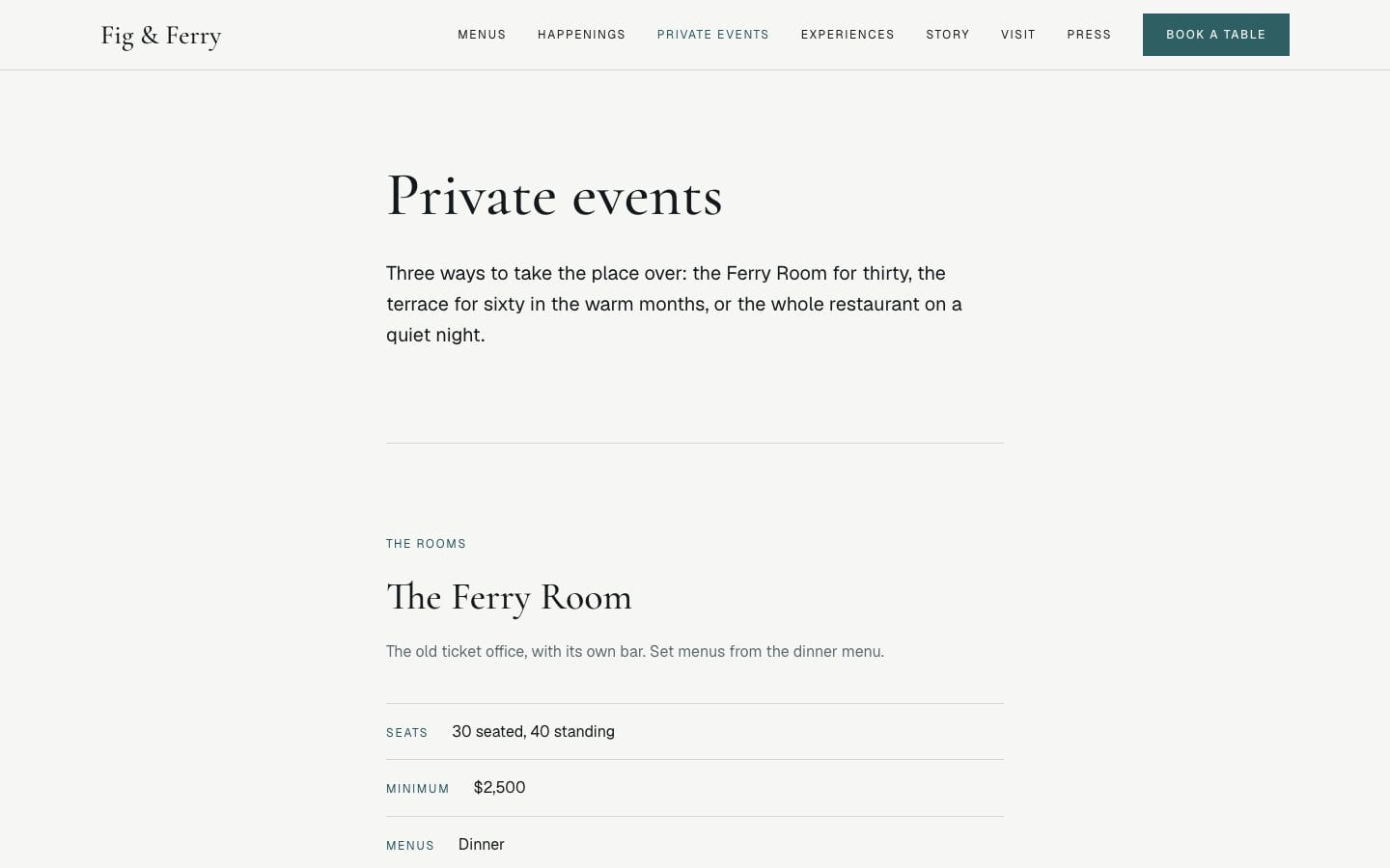 Fig & Ferry, the private events page, on Desktop