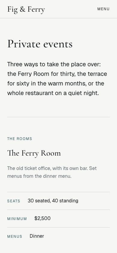 Fig & Ferry, the private events page, on Phone
