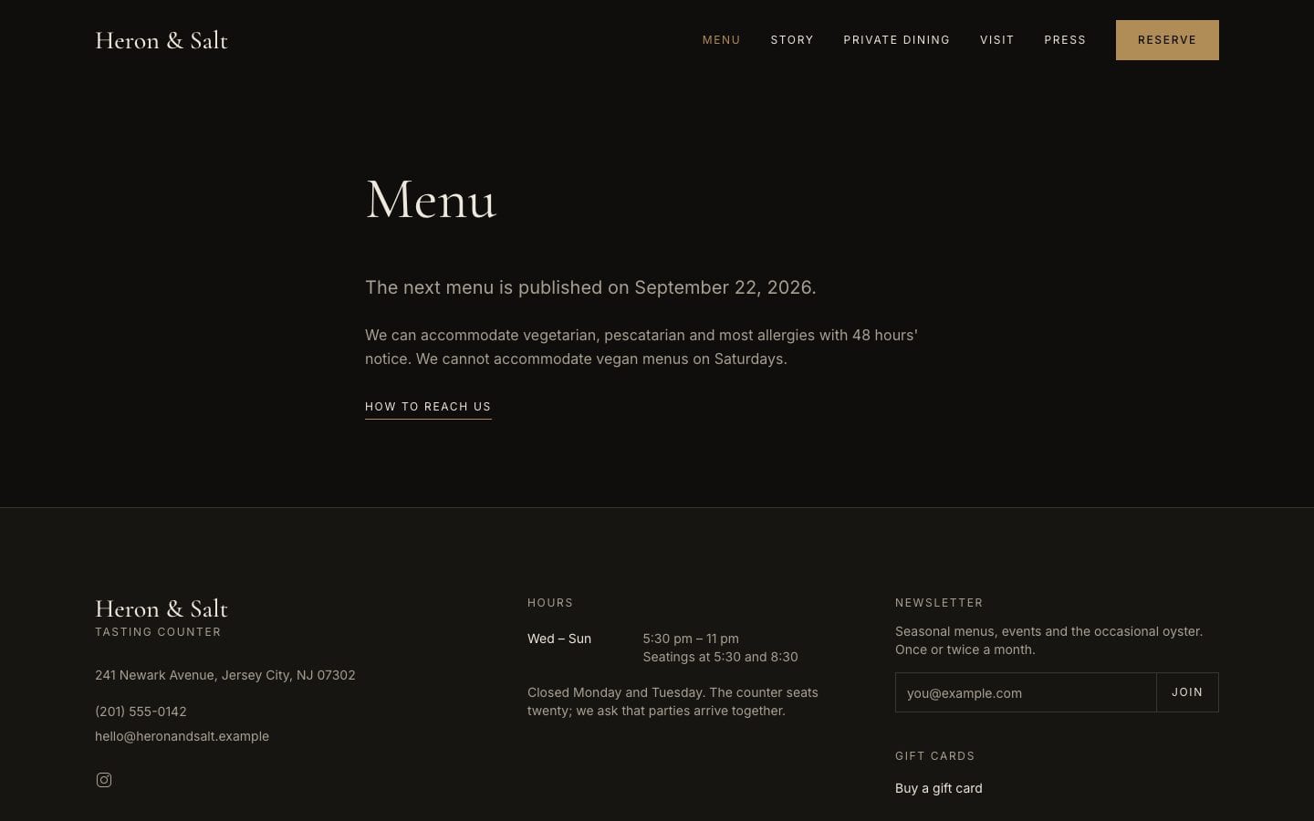 Heron & Salt, the menu page, on Desktop