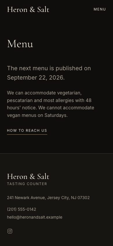 Heron & Salt, the menu page, on Phone
