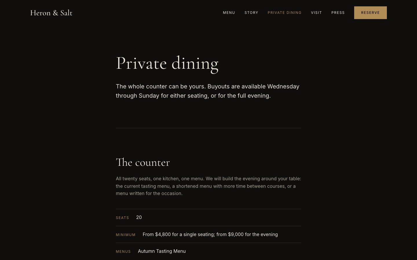 Heron & Salt, the private dining page, on Desktop