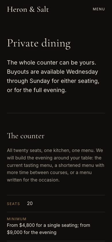 Heron & Salt, the private dining page, on Phone