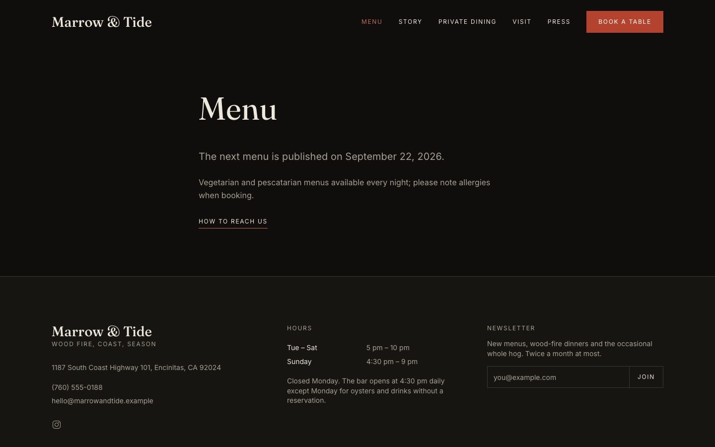 Marrow & Tide, the menu page, on Desktop