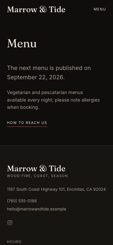 Marrow & Tide, the menu page, on Phone