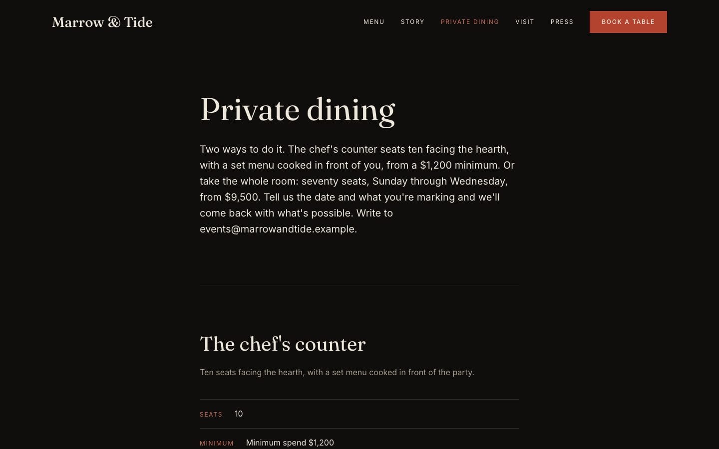 Marrow & Tide, the private dining page, on Desktop