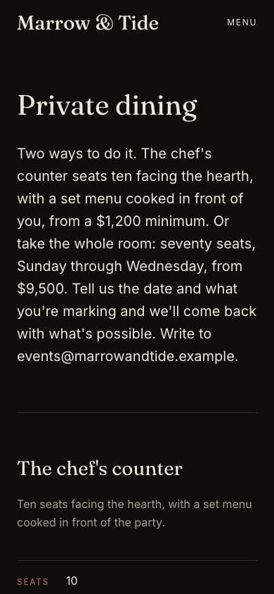 Marrow & Tide, the private dining page, on Phone